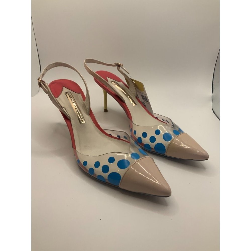 Sophia Webster Beige, Blue & Pink Polka Dot Slingback Heels